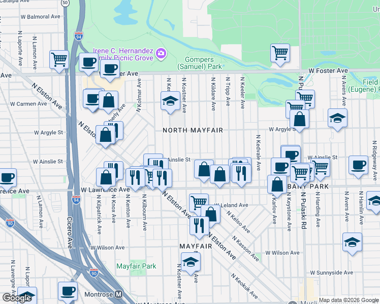 map of restaurants, bars, coffee shops, grocery stores, and more near 4900 North Kostner Avenue in Chicago