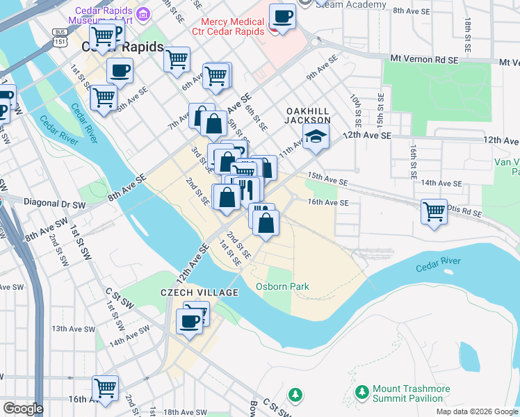 map of restaurants, bars, coffee shops, grocery stores, and more near 329 12th Avenue Southeast in Cedar Rapids