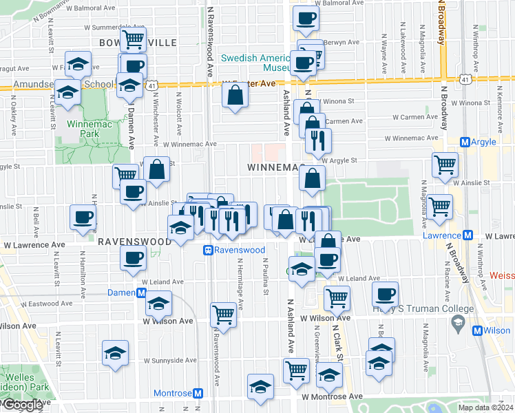 map of restaurants, bars, coffee shops, grocery stores, and more near 4839 North Hermitage Avenue in Chicago