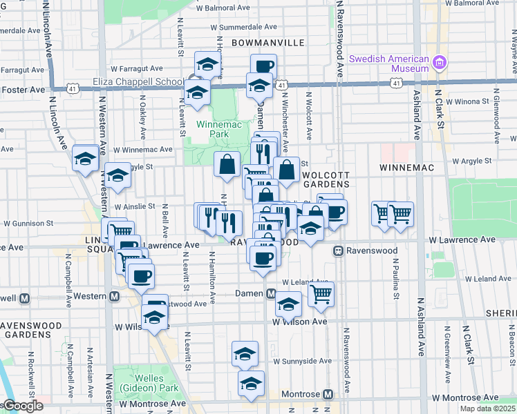 map of restaurants, bars, coffee shops, grocery stores, and more near 4842 North Damen Avenue in Chicago