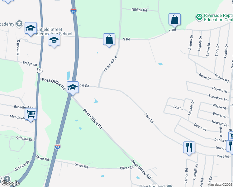 map of restaurants, bars, coffee shops, grocery stores, and more near 93 Post Road in Enfield