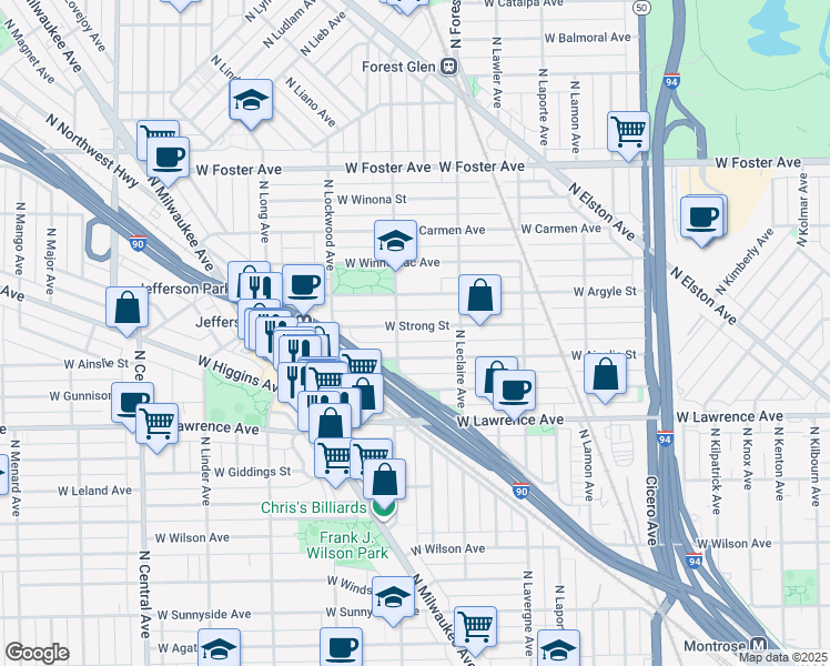 map of restaurants, bars, coffee shops, grocery stores, and more near 5143 West Strong Street in Chicago