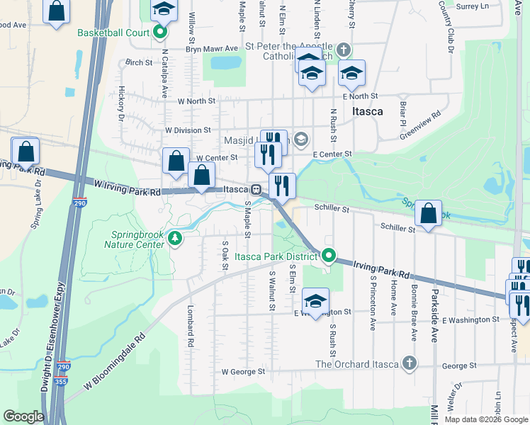 map of restaurants, bars, coffee shops, grocery stores, and more near 111 Gigi Gruber Lane in Itasca