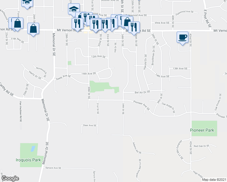 map of restaurants, bars, coffee shops, grocery stores, and more near 3200 Pioneer Avenue Southeast in Cedar Rapids