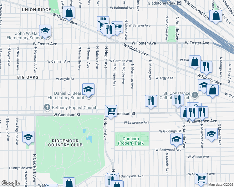 map of restaurants, bars, coffee shops, grocery stores, and more near 4852 North Mobile Avenue in Chicago