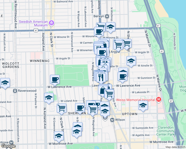 map of restaurants, bars, coffee shops, grocery stores, and more near 4832 North Magnolia Avenue in Chicago