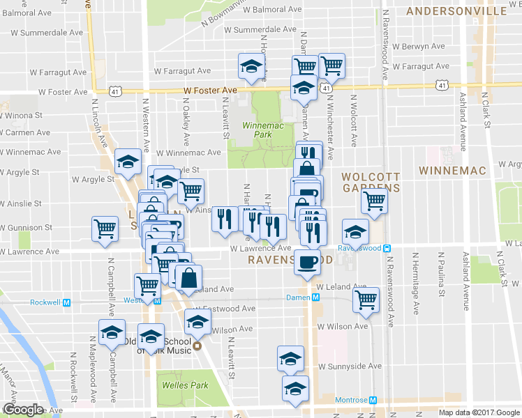 map of restaurants, bars, coffee shops, grocery stores, and more near 4843 North Hamilton Avenue in Chicago