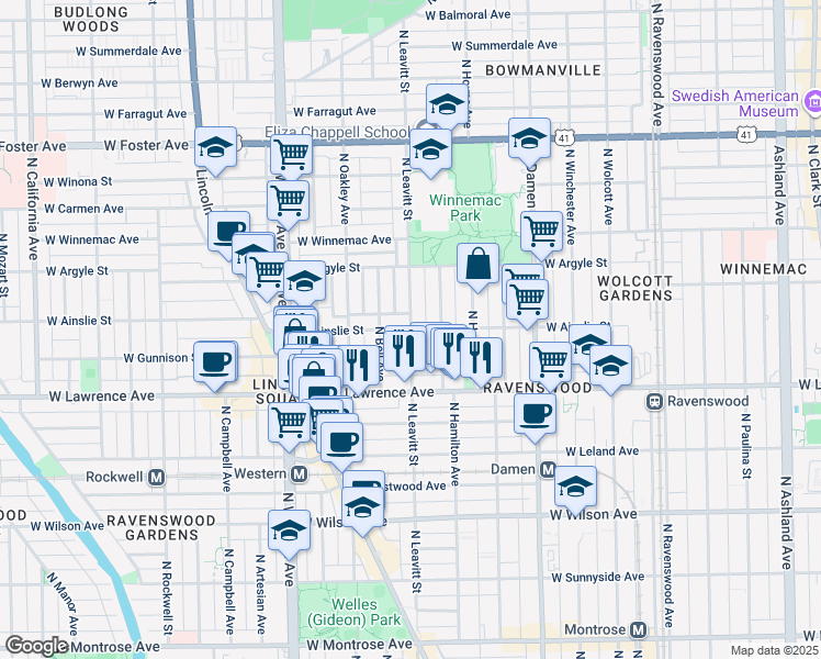 map of restaurants, bars, coffee shops, grocery stores, and more near 4841 North Leavitt Street in Chicago