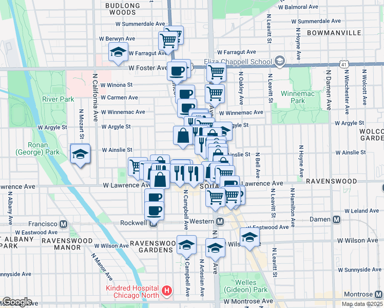 map of restaurants, bars, coffee shops, grocery stores, and more near 2500 West Gunnison Street in Chicago