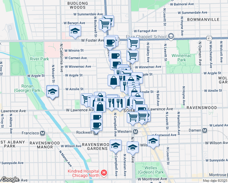 map of restaurants, bars, coffee shops, grocery stores, and more near 2500 West Gunnison Street in Chicago
