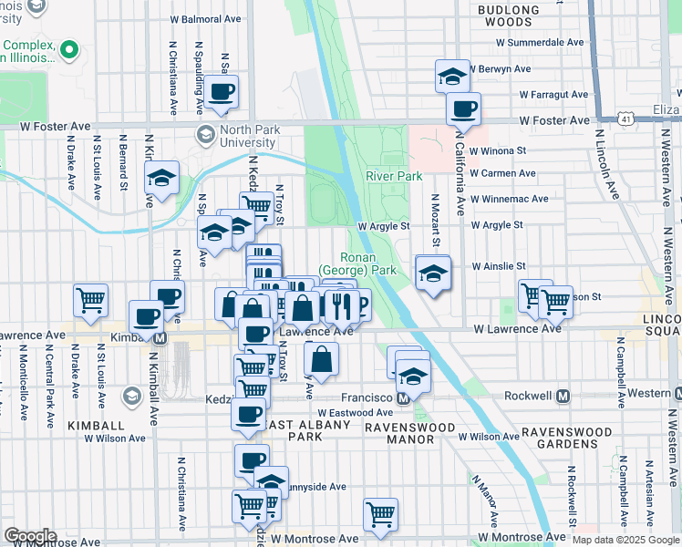 map of restaurants, bars, coffee shops, grocery stores, and more near 4837 North Albany Avenue in Chicago