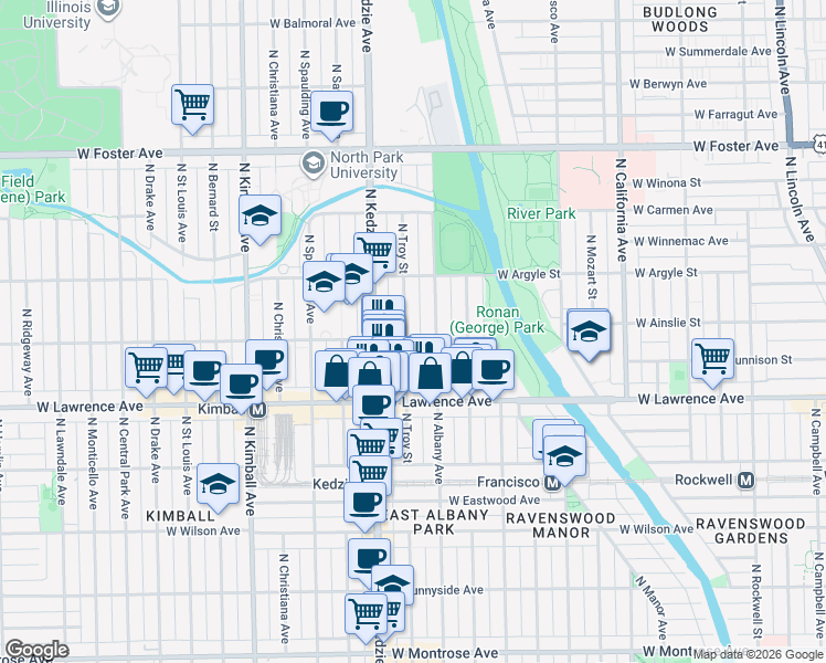 map of restaurants, bars, coffee shops, grocery stores, and more near 4850 North Albany Avenue in Chicago