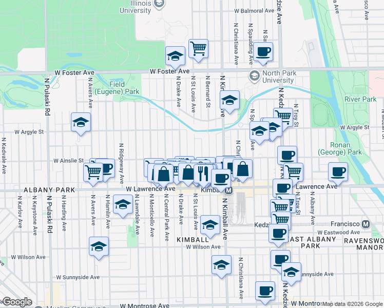 map of restaurants, bars, coffee shops, grocery stores, and more near 3449 West Ainslie Street in Chicago