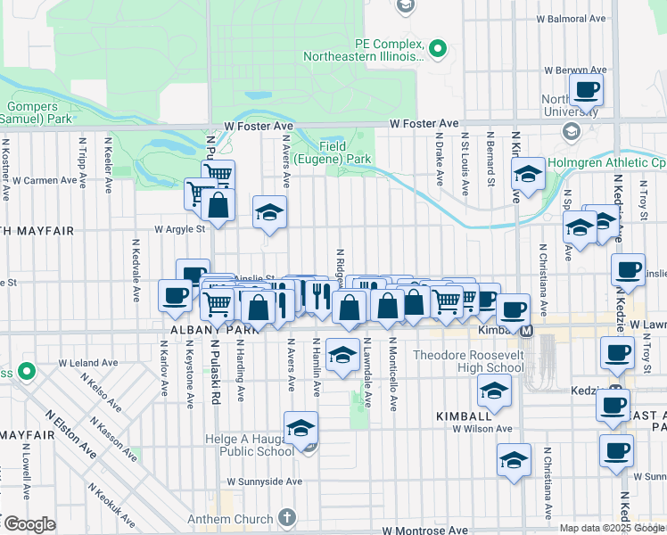 map of restaurants, bars, coffee shops, grocery stores, and more near 4857 North Hamlin Avenue in Chicago