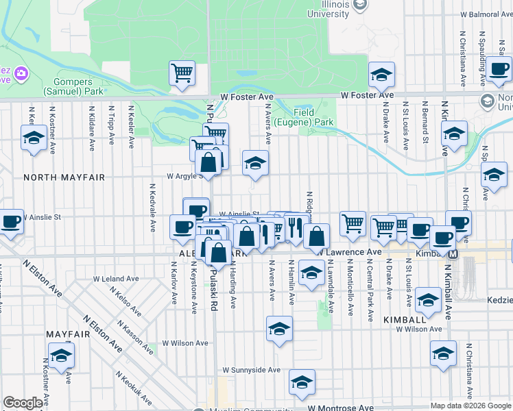 map of restaurants, bars, coffee shops, grocery stores, and more near 4856 North Springfield Avenue in Chicago