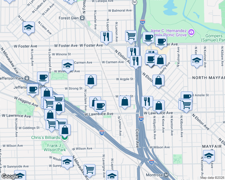 map of restaurants, bars, coffee shops, grocery stores, and more near 4928 West Ainslie Street in Chicago