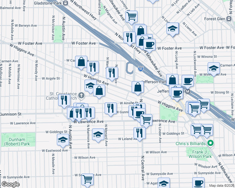 map of restaurants, bars, coffee shops, grocery stores, and more near 5717 West Grover Street in Chicago