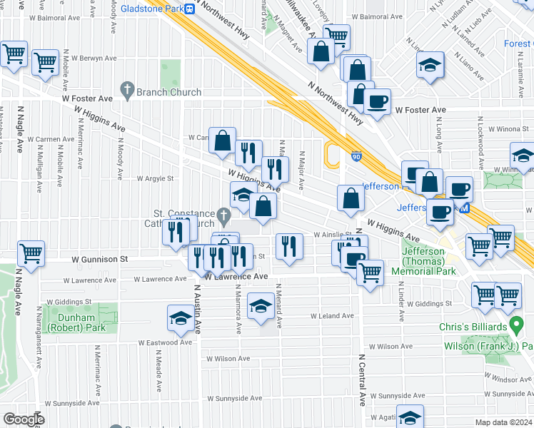 map of restaurants, bars, coffee shops, grocery stores, and more near 5758 West Ainslie Street in Chicago