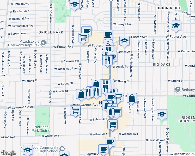 map of restaurants, bars, coffee shops, grocery stores, and more near 4932 North Oconto Avenue in Chicago