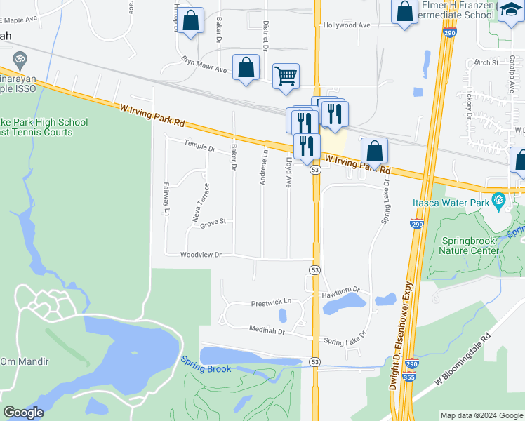 map of restaurants, bars, coffee shops, grocery stores, and more near 339 Andrene Lane in Itasca