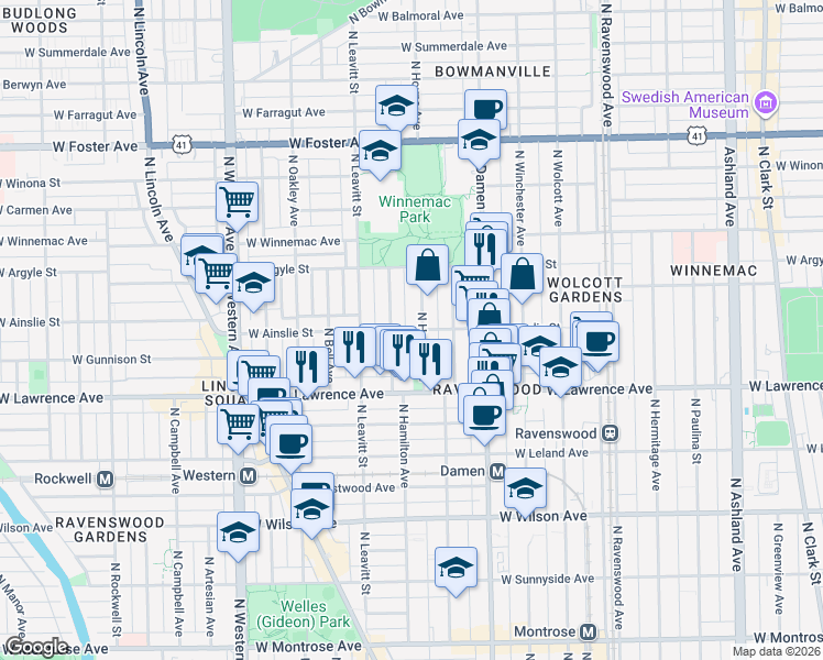 map of restaurants, bars, coffee shops, grocery stores, and more near 4843 North Hamilton Avenue in Chicago