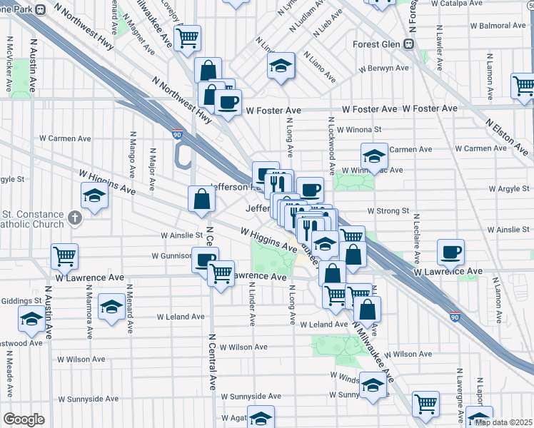 map of restaurants, bars, coffee shops, grocery stores, and more near 5418 West Gale Street in Chicago