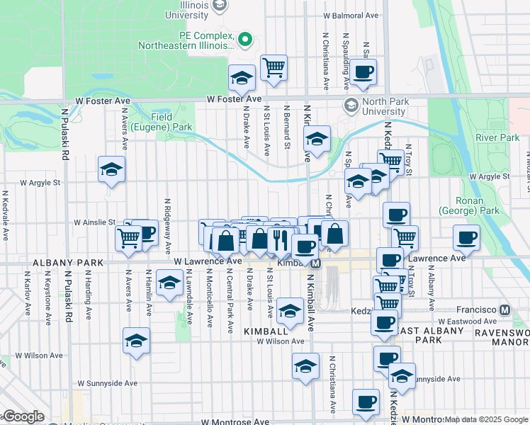 map of restaurants, bars, coffee shops, grocery stores, and more near 3449 West Ainslie Street in Chicago