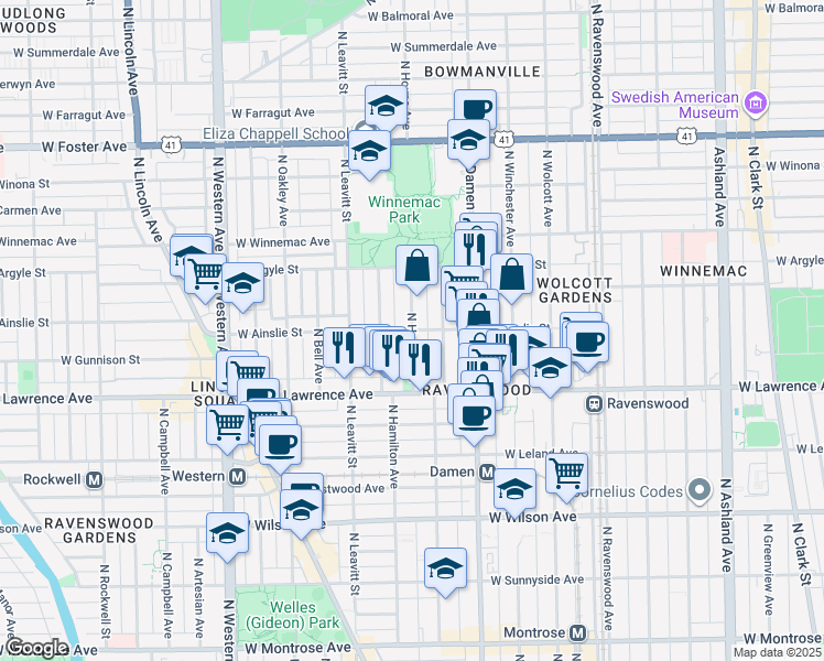 map of restaurants, bars, coffee shops, grocery stores, and more near 4842 North Seeley Avenue in Chicago