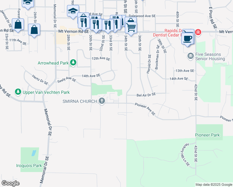 map of restaurants, bars, coffee shops, grocery stores, and more near 3200 Pioneer Avenue Southeast in Cedar Rapids