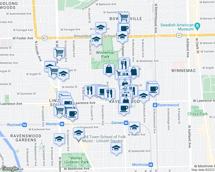 map of restaurants, bars, coffee shops, grocery stores, and more near 2100 West Ainslie Street in Chicago