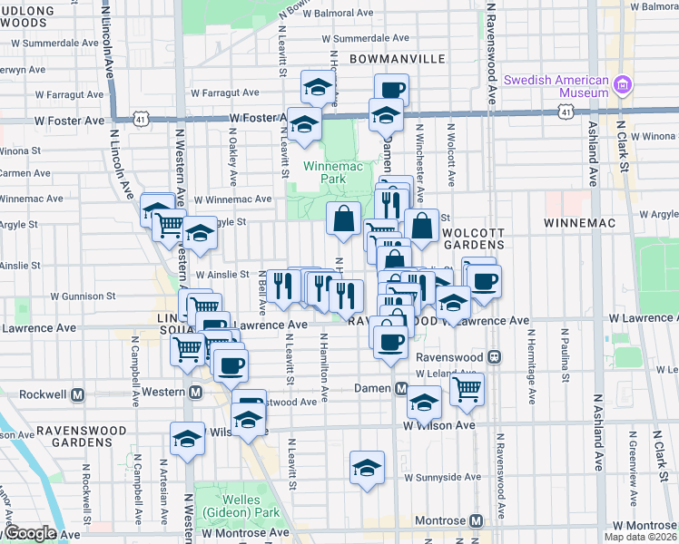 map of restaurants, bars, coffee shops, grocery stores, and more near 2101 West Ainslie Street in Chicago