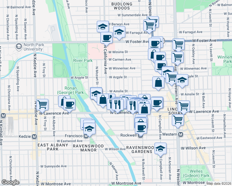 map of restaurants, bars, coffee shops, grocery stores, and more near 2725 West Ainslie Street in Chicago