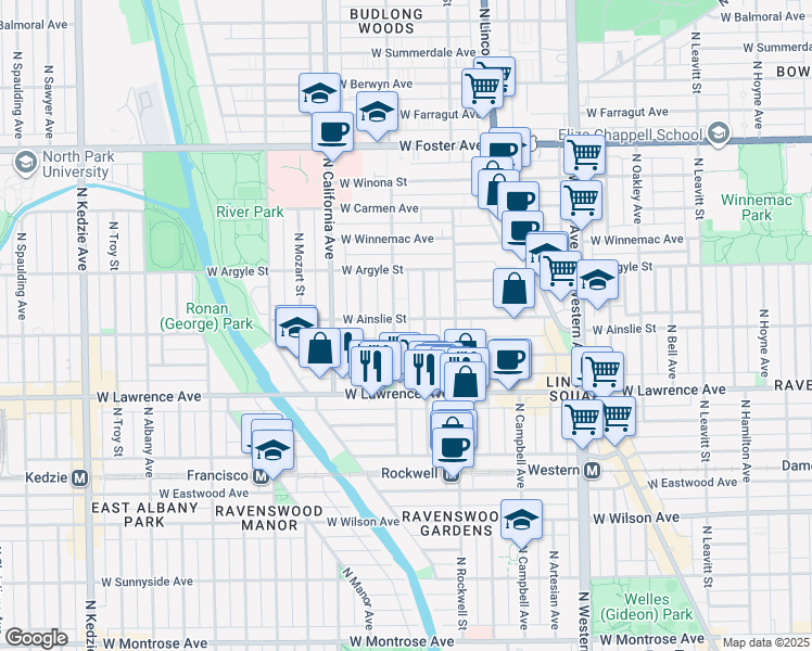 map of restaurants, bars, coffee shops, grocery stores, and more near 2653 West Ainslie Street in Chicago