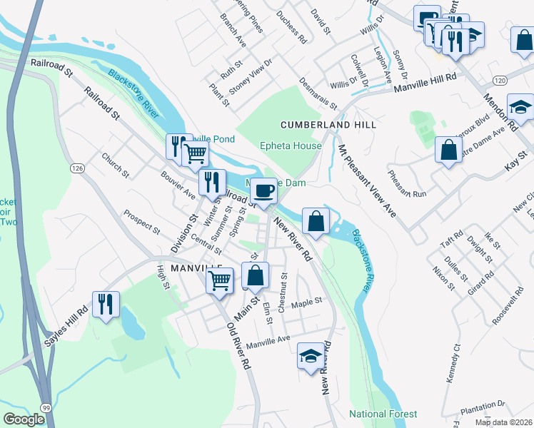 map of restaurants, bars, coffee shops, grocery stores, and more near 1 Main Street in Lincoln