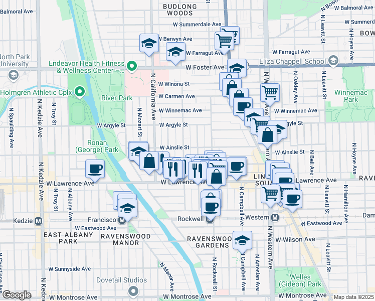 map of restaurants, bars, coffee shops, grocery stores, and more near 4871 North Washtenaw Avenue in Chicago