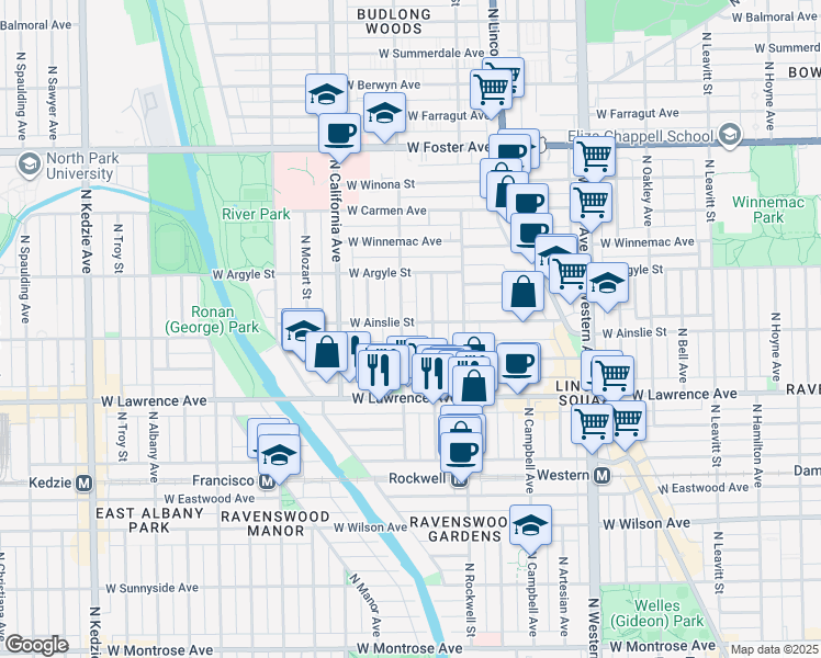 map of restaurants, bars, coffee shops, grocery stores, and more near 4867 North Washtenaw Avenue in Chicago