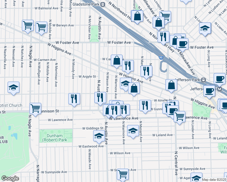 map of restaurants, bars, coffee shops, grocery stores, and more near 4906 North Marmora Avenue in Chicago