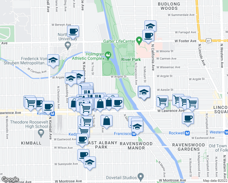 map of restaurants, bars, coffee shops, grocery stores, and more near 4837 North Albany Avenue in Chicago