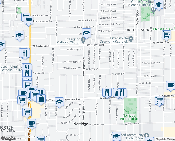 map of restaurants, bars, coffee shops, grocery stores, and more near 7981 West Argyle Street in Norridge