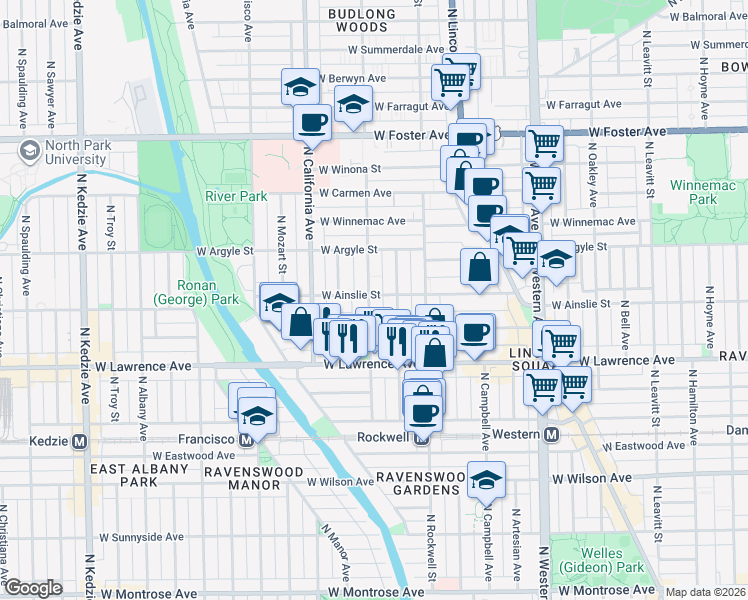 map of restaurants, bars, coffee shops, grocery stores, and more near 4869 North Washtenaw Avenue in Chicago