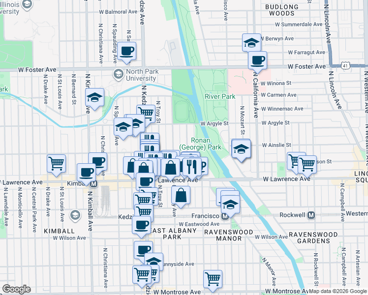 map of restaurants, bars, coffee shops, grocery stores, and more near 4906 North Whipple Street in Chicago