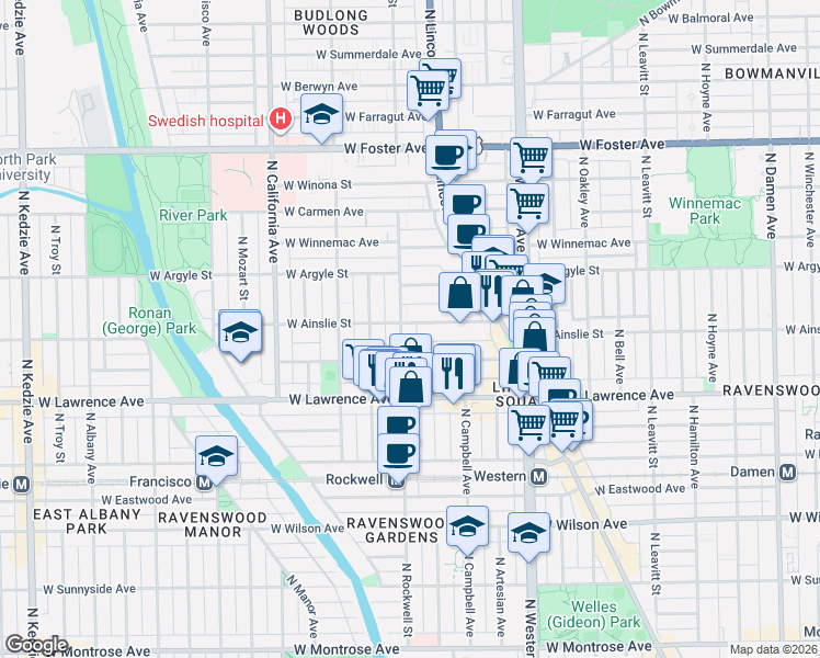 map of restaurants, bars, coffee shops, grocery stores, and more near 2540 West Gunnison Street in Chicago