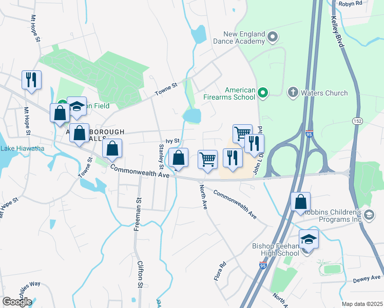 map of restaurants, bars, coffee shops, grocery stores, and more near 25 Maple Street in North Attleborough