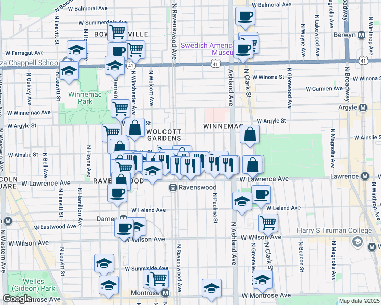 map of restaurants, bars, coffee shops, grocery stores, and more near 4845 North Ravenswood Avenue in Chicago