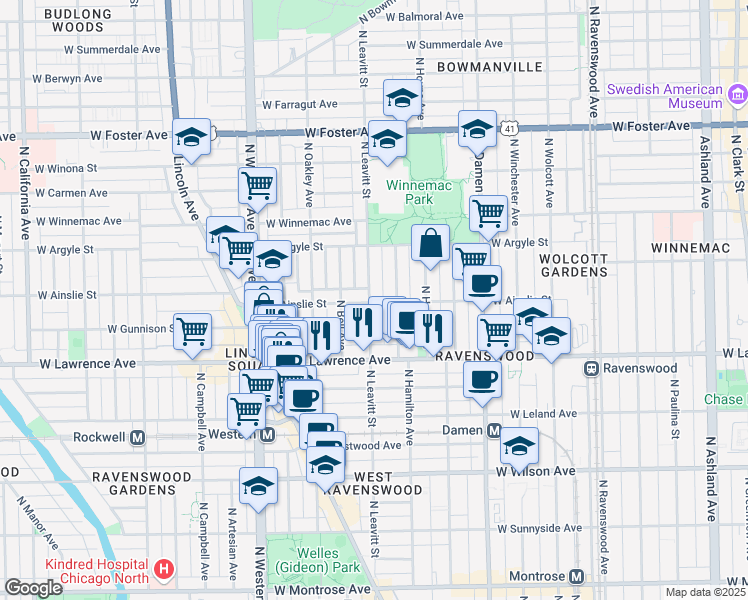 map of restaurants, bars, coffee shops, grocery stores, and more near 4841 North Leavitt Street in Chicago