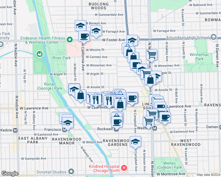 map of restaurants, bars, coffee shops, grocery stores, and more near 4851 North Talman Avenue in Chicago
