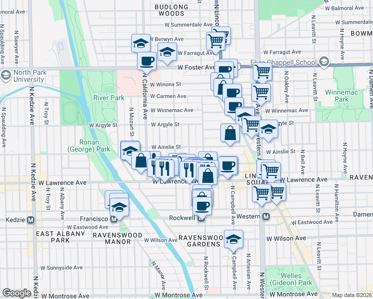 map of restaurants, bars, coffee shops, grocery stores, and more near 4851 North Washtenaw Avenue in Chicago