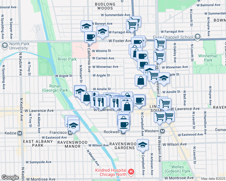 map of restaurants, bars, coffee shops, grocery stores, and more near 4851 North Washtenaw Avenue in Chicago