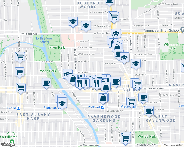 map of restaurants, bars, coffee shops, grocery stores, and more near 4851 North Washtenaw Avenue in Chicago