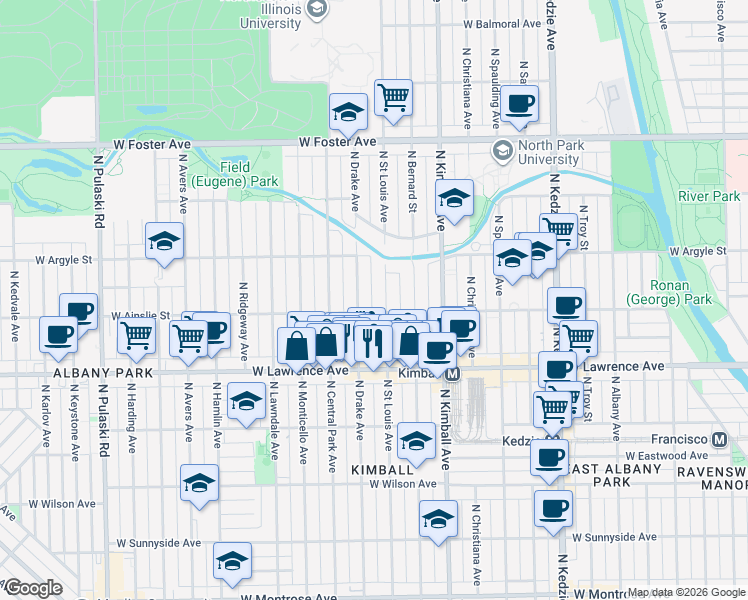 map of restaurants, bars, coffee shops, grocery stores, and more near 4855 North Drake Avenue in Chicago